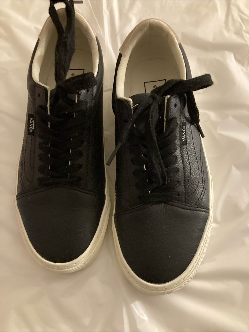 Kids Vans Black Leather Low-Top Sneakers with White Sole